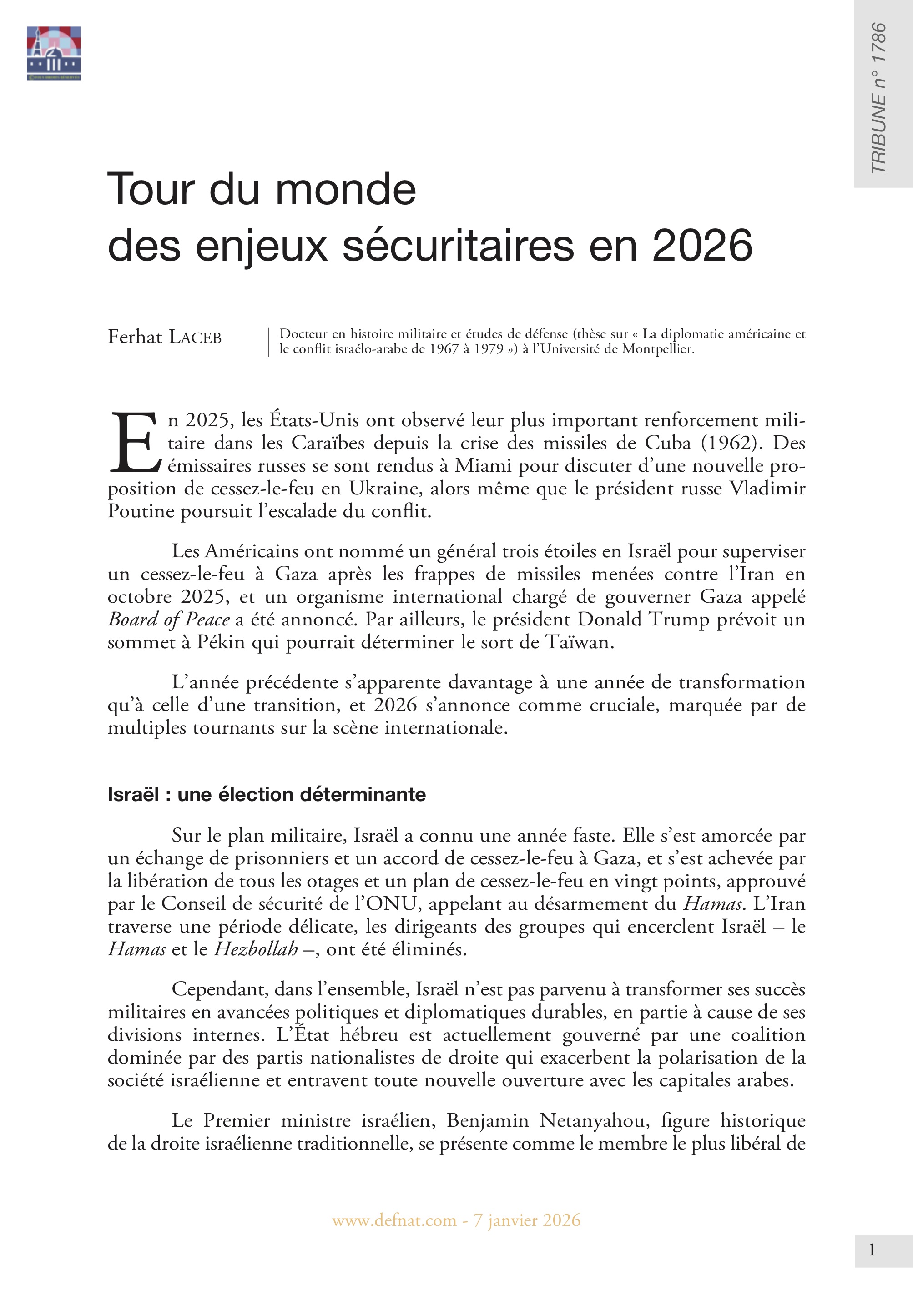 Tour du&nbsp;monde des&nbsp;enjeux&nbsp;s&eacute;curitaires en&nbsp;2026 (T&nbsp;1786)
